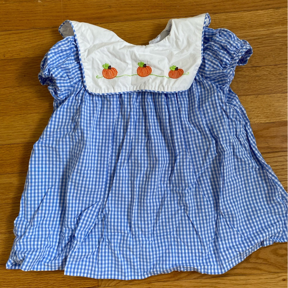 Cecil and Lou 3T blue gingham dress with pumpkin embroidery